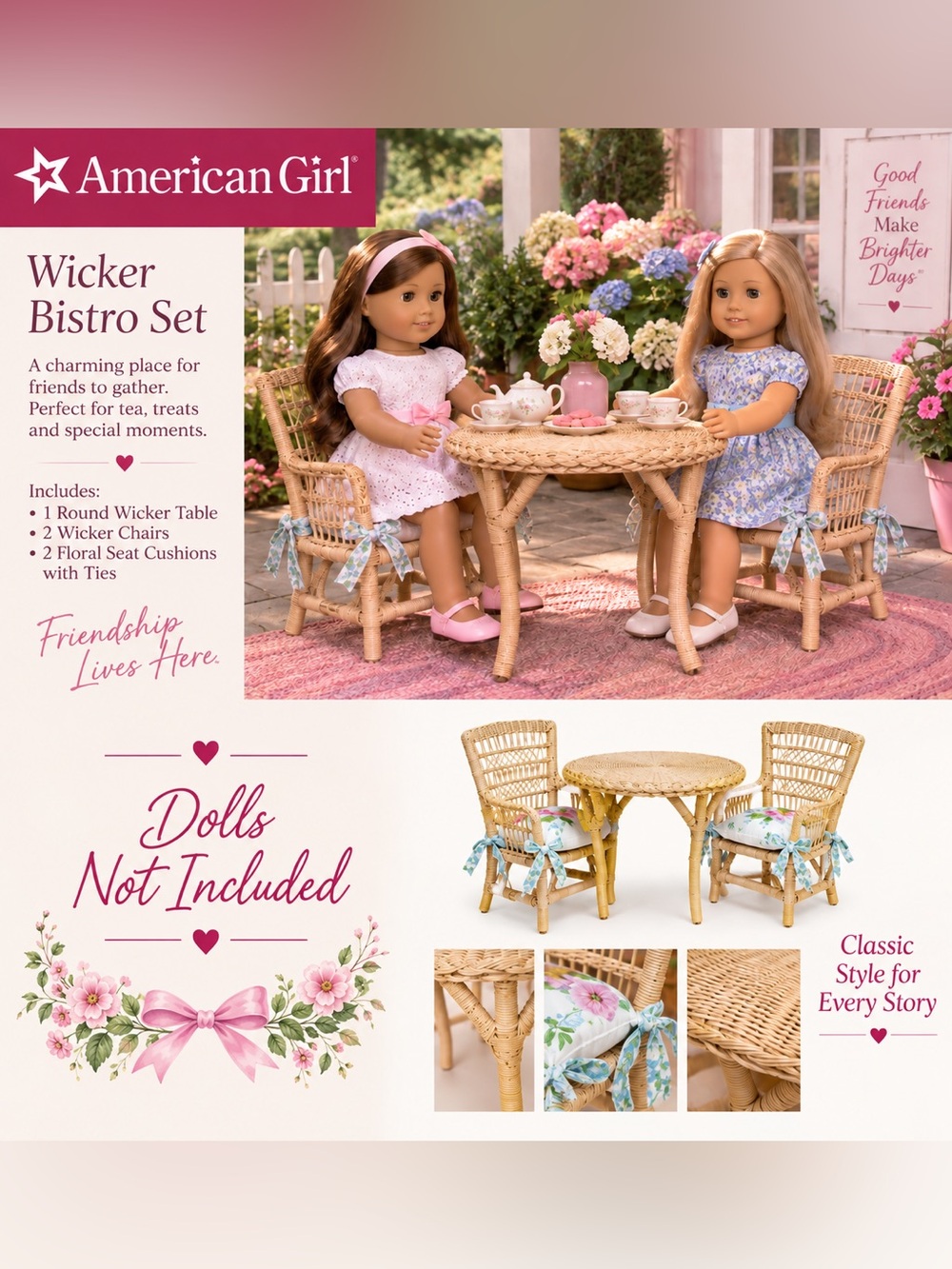 American Girl Natural Wicker Bistro Set with Floral Seat Cushions